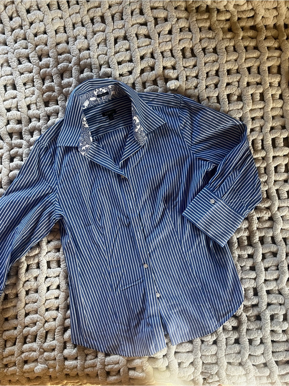 Talbots Navy and White Striped Dress Shirt